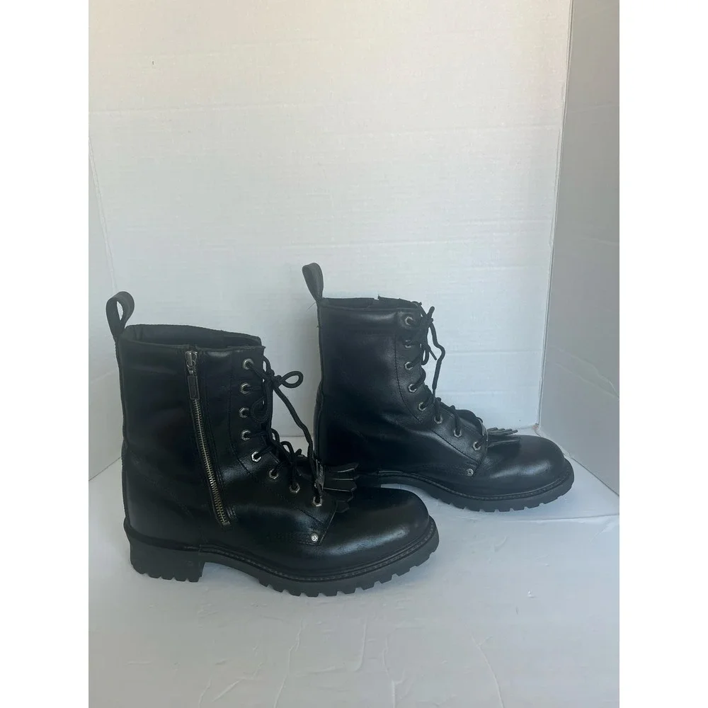 Harley Davidson Men's Black Leather Combat Tassel Biker Lace Up Zip‎ Boots 12/13